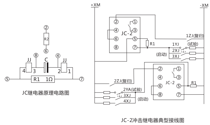 JC-2沖擊繼電器內部接線(xiàn)及外引接線(xiàn)圖