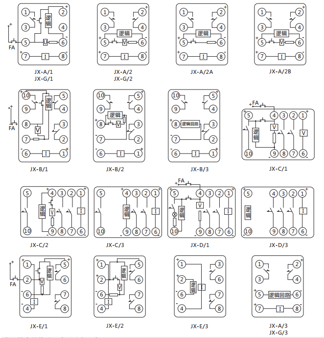 JX-E/1靜態(tài)信號繼電器內部接線(xiàn)及外引接線(xiàn)圖（正視圖）