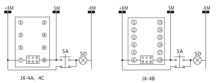 JX-4B閃光繼電器內部接線(xiàn)及外引接線(xiàn)圖