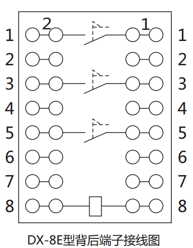 DX-8E信號繼電器內部接線(xiàn)及外引接線(xiàn)圖（背視）