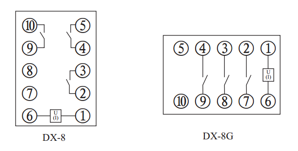 DX-8G信號繼電器內部接線(xiàn)及外引接線(xiàn)圖