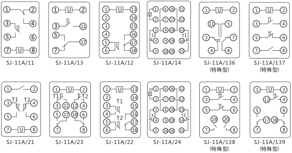 SJ-11A/14集成電路時(shí)間繼電器內部接線(xiàn)圖及外引接線(xiàn)圖片