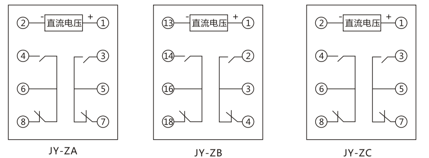 JY-ZA直流高低值電壓繼電器內部接線(xiàn)及外引接線(xiàn)圖