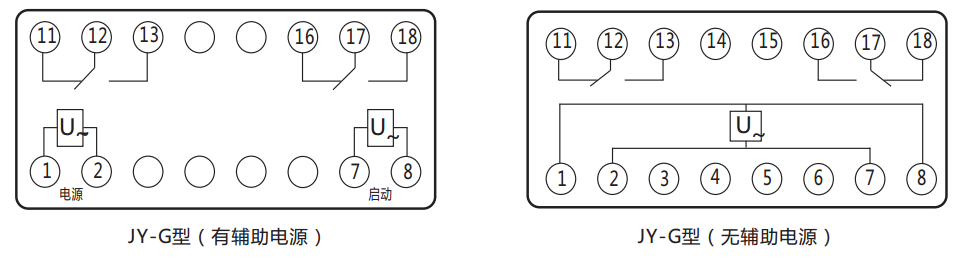 JY-G端子排靜態(tài)電壓繼電器內部接線(xiàn)圖及外引接線(xiàn)圖