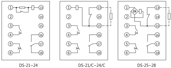 DS-24時(shí)間繼電器內部接線(xiàn)及外引接線(xiàn)圖(正視圖)