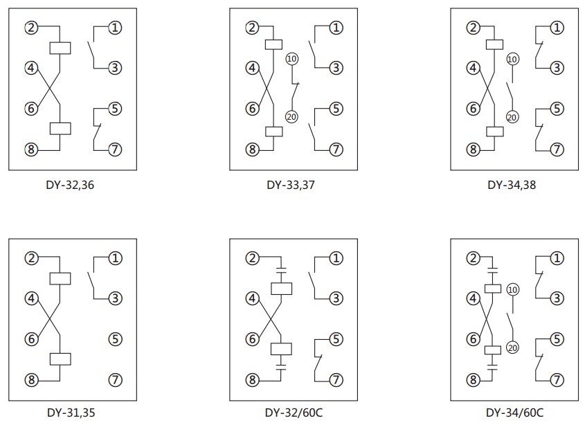 DY-38電壓繼電器內部接線(xiàn)圖及外引接線(xiàn)圖(背視圖)