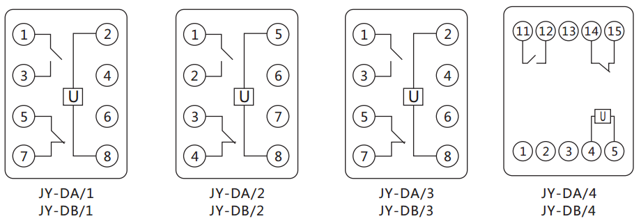 JY-DB/3集成電路直流電壓繼電器內部接線(xiàn)圖及外引接線(xiàn)圖（正視圖）