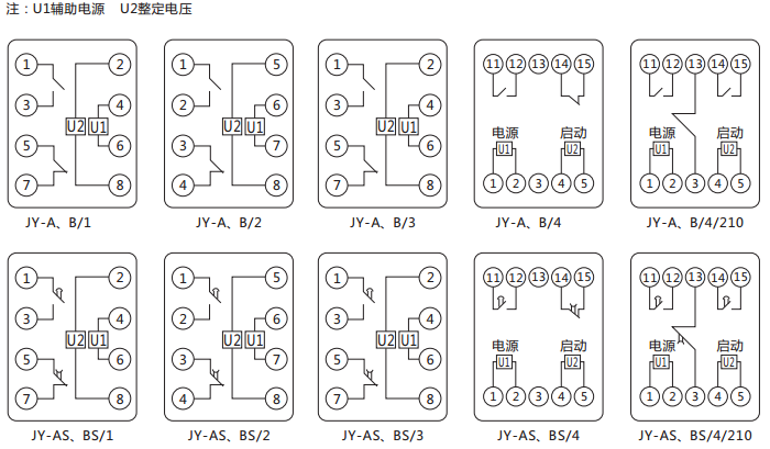 JY-AS/4集成電路電壓繼電器內部接線(xiàn)及外引接線(xiàn)圖