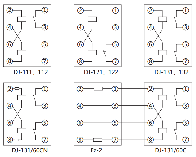 DJ-132電壓繼電器內部接線(xiàn)及外引接線(xiàn)圖（正視圖）