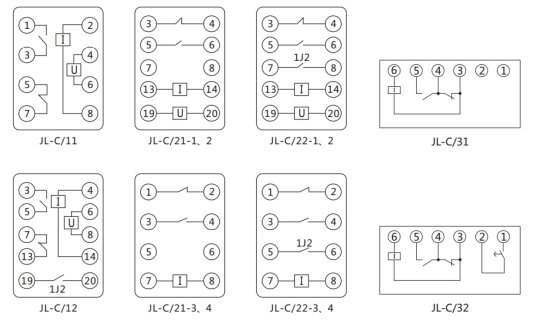 JL-C/32反時(shí)限電流繼電器內部接線(xiàn)及外引接線(xiàn)圖（正視圖）