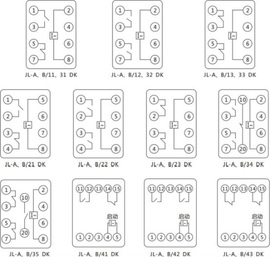JL-A、B/21 DK無(wú)輔源電流繼電器內(nèi)部接線及外引端子圖（正視圖）