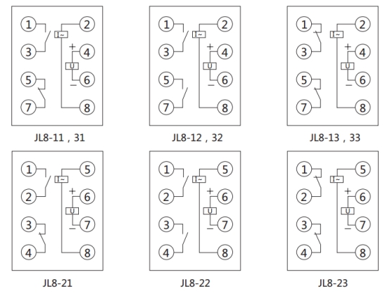 JL8-23集成電路電流繼電器內部接線(xiàn)圖及外引接線(xiàn)圖（正視圖）