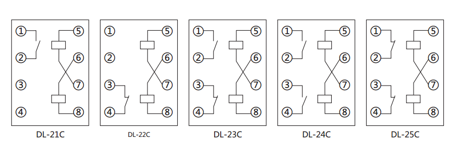 DL-21C系列電流繼電器內部接線(xiàn)及外引接線(xiàn)（正視圖）