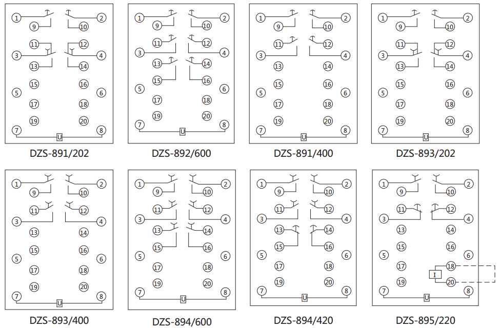 DZS-895延時(shí)中間繼電器內部接線(xiàn)圖及外引接線(xiàn)圖（背視）