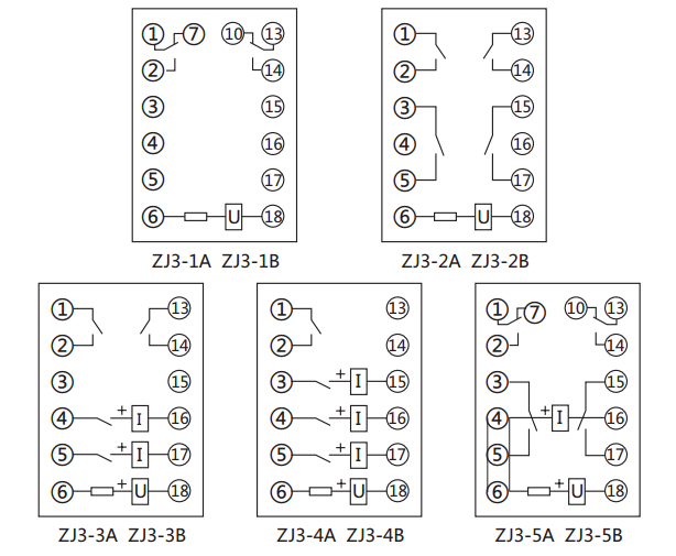 ZJ3-5A快速中間繼電器內部接線(xiàn)圖及外引接線(xiàn)圖(正視圖)