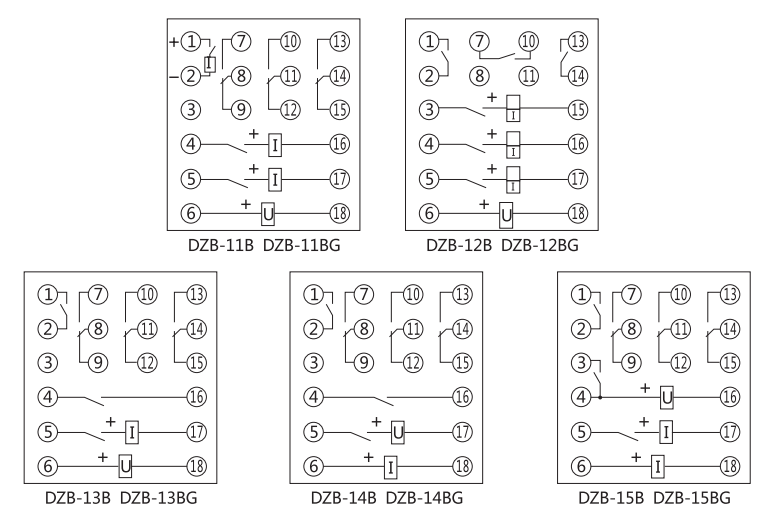 DZB-14B帶保持中間繼電器內部接線(xiàn)圖及外引接線(xiàn)圖(正視圖)