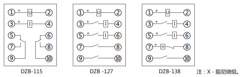 DZB-127帶保持中間繼電器內部接線(xiàn)圖及外引接線(xiàn)圖(正視圖)