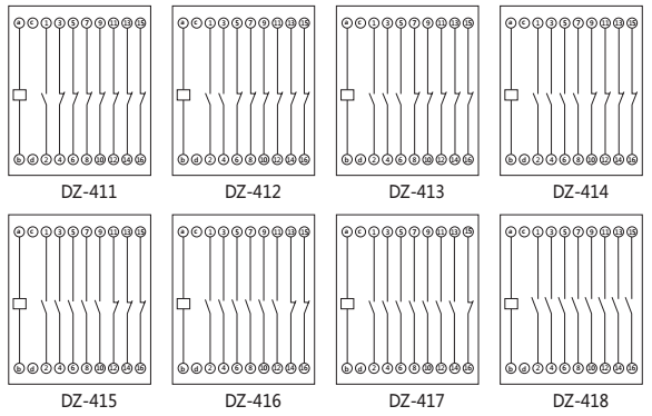 DZ-412中間繼電器內部接線(xiàn)圖以及外引接線(xiàn)圖