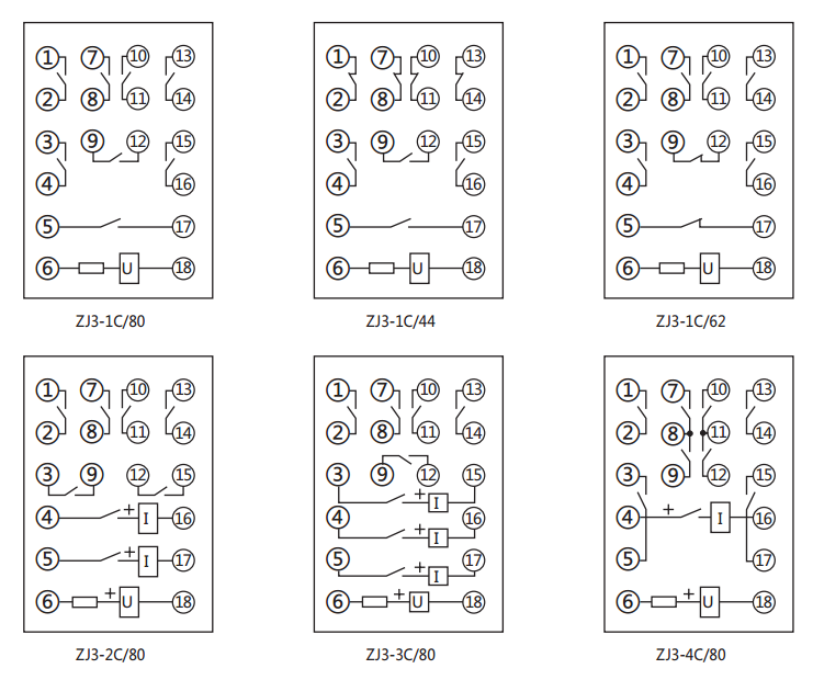 ZJ3-4C/80快速中間繼電器內部接線(xiàn)圖及外引接線(xiàn)圖(正視圖)